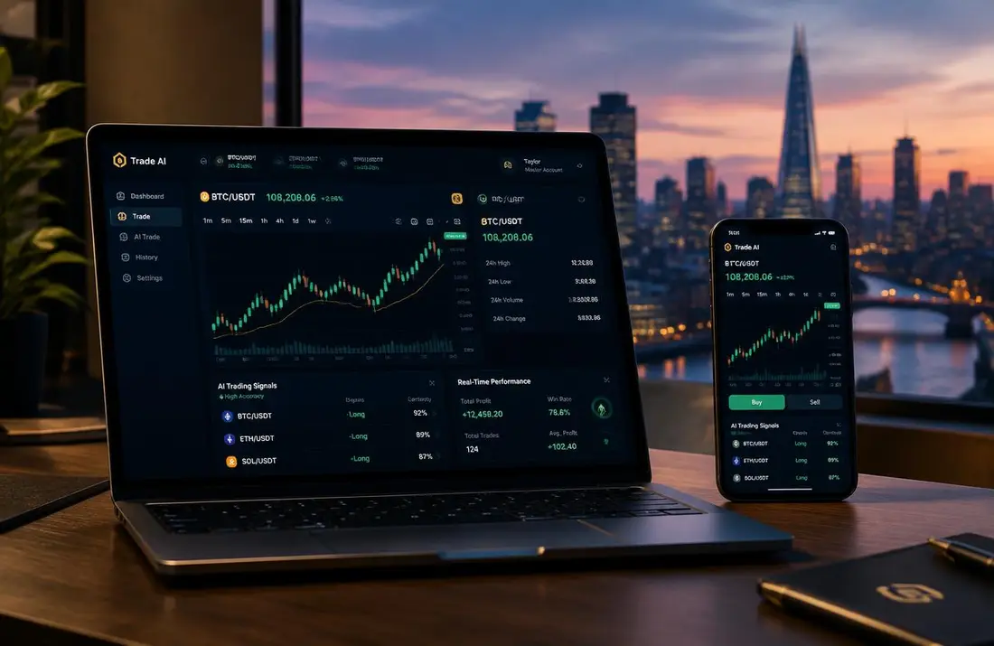 VeltraX Auron trading app dashboard on laptop and mobile showing AI trading signals with London skyline